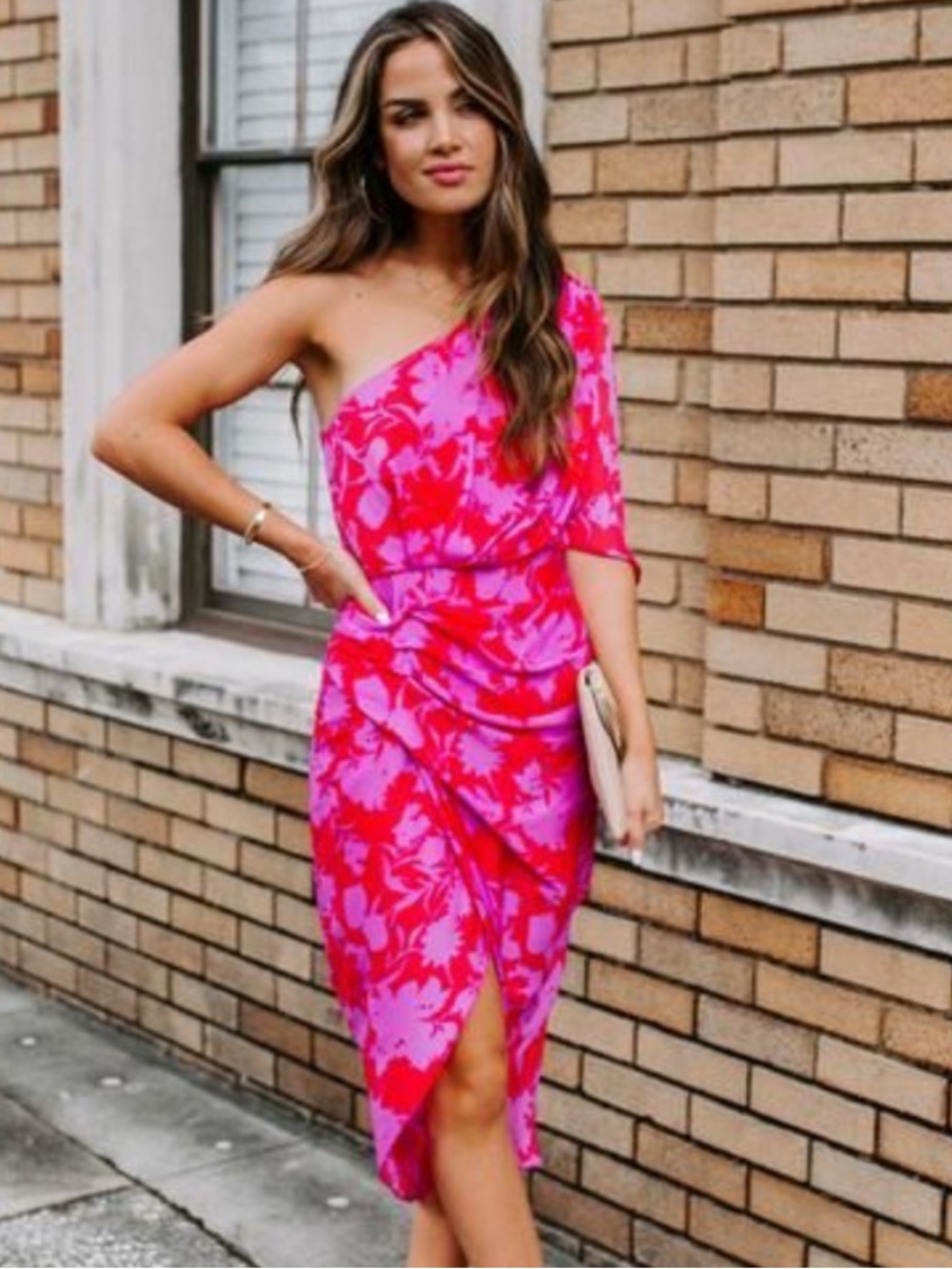 DO+BE One-Shoulder Pink Floral Midi Dress